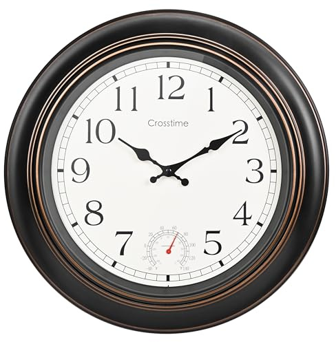 Crosstime 45cm Large Outdoor Clock Waterproof with Thermometer - 18 Inch Bronze Retro Silent Non-ticking Battery Operated Quartz Wall Clock for Garden Patio Pool Living Room Decor