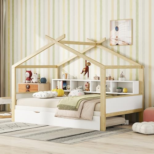 ZYLOYAL10 140 * 200cm Hausbett, Kinderbett, ausgestattet mit Ausziehbett, Vier Staufächern, weiß