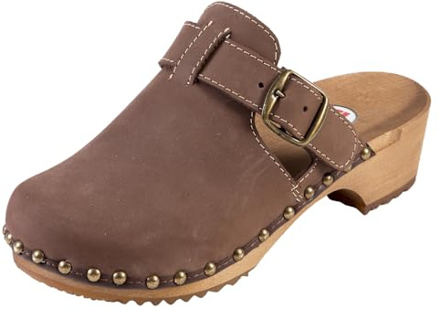 Buxa PE15 Damen Clogs Leder Schuhe aus Holz, Holzclogs Pantolette, Holz Sohle (​Braun, EU Schuhgrößensystem, Erwachsene, Damen, Numerisch, M, 38)