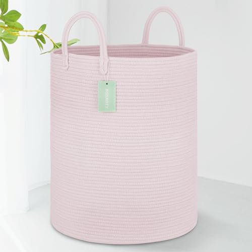 BOSROTY Grande cesto portabiancheria alto da 65 l, con manici, per riporre giocattoli, vestiti e asciugamani, in corda di cotone, 40 x 50 cm, rosa chiaro