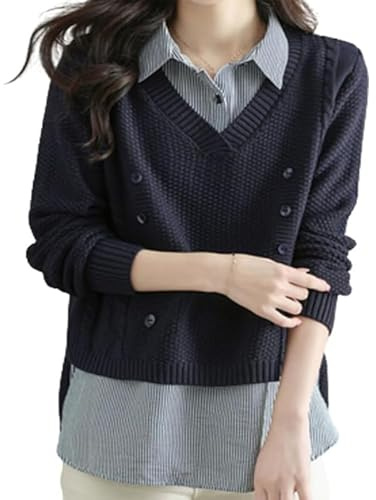 Pull tricoté à manches longues pour femme en deux pièces, décontracté avec veste à col en V, chemisier à rayures à manches longues, bleu, Taille unique