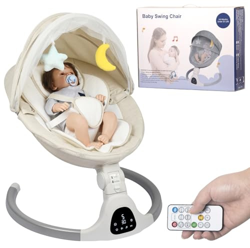 JFOVMCYG Altalena Elettrica per Neonati con Telecomando, 5 Velocità di Oscillazione, 10 Ninne Nanne, Timer 8/15/30 Min, Cintura di Sicurezza a 5 Punti, Seduta Morbida Lavabile, Uso Interno
