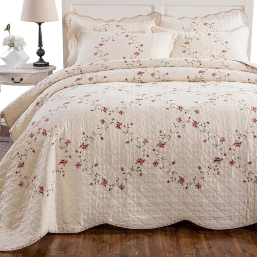 mixinni Juego de edredón Bordado Floral, Juego de Ropa de Cama Reversible de 3 Piezas, Mezcla de algodón, Juego de Colcha Elegante Bordado con 2 Fundas de Almohada para Todas Las Estaciones (90 x 98