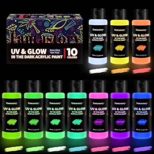 fantastory Halloween Glow in the Dark Acrylic Paint,60ml/2oz, 2-in-1 Paints.Charge-Glow& Blacklight Activated for Outdoor Rocks,DIY Crafts, Canvas,Holiday Decor,Kids,Adults [Mild Color Series]