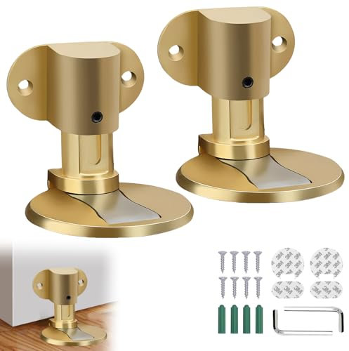 FENGCHUANG 2 stycken magnetiska dörrstopp, magnetisk dörrstopp med självhäftande skruvar, 3M dolda golvmontering, i rostfritt stål, tungt (guld)
