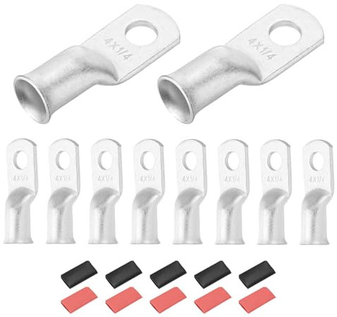 DMiotech 10 Pcs 4 AWG - 1/4 Tinned Copper Cable Lugs, Battery Cable Ends, Heavy Duty Copper Wire Lugs with 10pcs Heat Shrink Tubing for Electrical Projects, Silver
