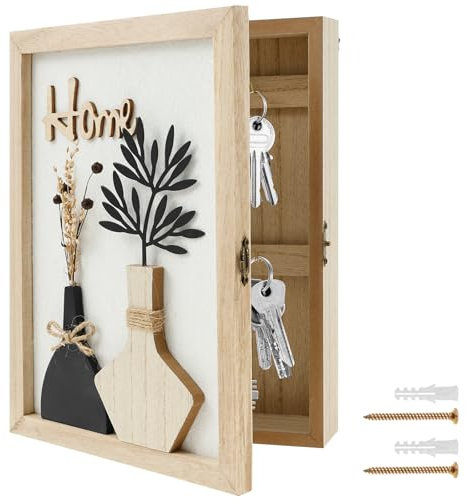 MENIBBLER Wall Mounted Key Cabinet Wooden Key Storage Box with 6 Hooks Decorative Vintage Keys Cupboard Minimalist Safe Indoor Family Keys Box for Home Office Entryway 20x27cm