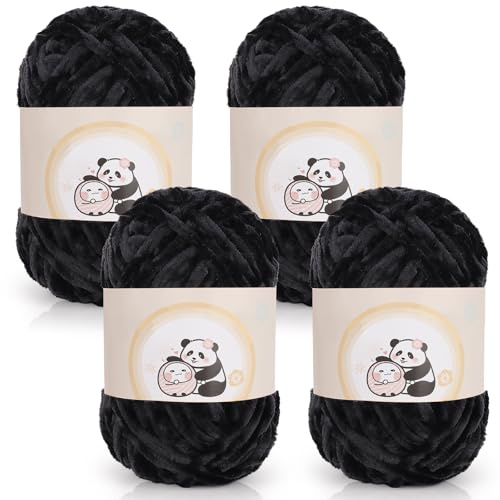Aeelike Chenille Yarn Set 400g, 4 Pack Plush Chunky Chenille Yarn for Crochet (100g per ball, 87yd), Soft Fluffy Velvet Thick Chunky Wool for Knitting Baby Blankets, Scarves, Socks & DIY Crafts, Black