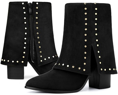 Perphy Fold Over Boots Pointy Toe Block Heel Black Studded Ankle Boots for Women 7.5 M US