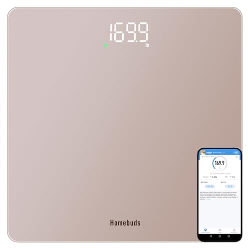 Homebuds Bascula de Baño Inteligente, Precisión de 0,05kg Por Nuestra Fábrica Profesional Desde 2001, Balanza Peso Corporal Step-On y LED Brillante, Sync de APP con Pesos e IMC, 182kg, Oro Rosa