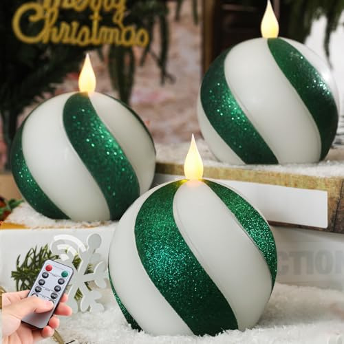 Set of 3 Christmas Sphere Candy-Cane Flameless Candles, Green&White Real Wax Flickering Ball Candles Battery Operated with Remote, Candy Cane Christmas Decorations,Xmas Party Tables Centerpieces Decor