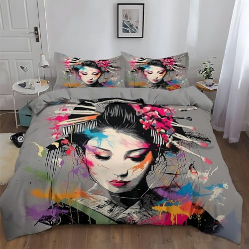WHUOEUCO Copripiumino Matrimoniale 150x220cm Geisha Giapponese Graffiti Set Biancheria Da Letto Completo in Microfibra Anallergico con Cerniera, 1 Copripiumino + 2 Federa 50x80cm