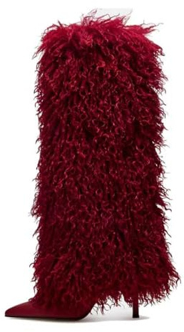 XBKXMK Red Fur Knee High Boots for Women Pointed Toe Stiletto Heel Fold Over Tall Boots Fashion Wide Calf Pull On Long Booties Casual