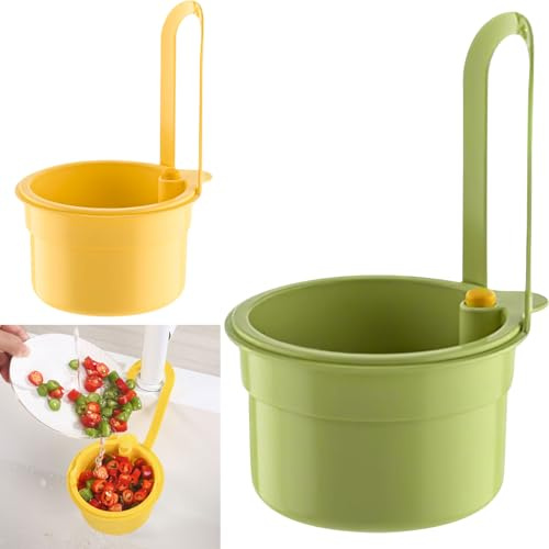 2 Stück Sieb für Spülbecken, Hängendes Spülbeckensieb mit Snap-Button, Waschbecken Sieb Abnehmbar, Kunststoff Abtropfsieb Wasserhahn Hängend, Abtropfkorb für Waschen/Organizer in Küche (gelb-grün)