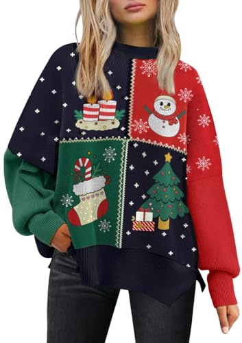 LILLUSORY Ugly Christmas Sweater Women 2025 Fall Fashion Outfits Trendy Crewneck Knit Cute Lightweight Sweater Pullover Tops Winter Clothes Red Green M