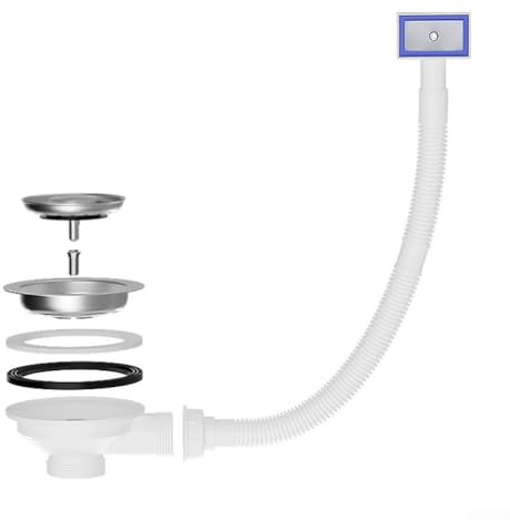 DAZZLEEX Siphon d'évier de cuisine en acier inoxydable 304 blanc avec filtre double couche de 110/114 mm, siphon de vidange intégré, protection contre les débordements pour la plomberie (110 mm)