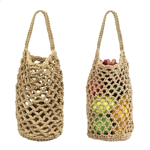 Cestas Colgantes para Frutas, Cesta Colgante de Pared Cestas de Frutas Vegetales para Colgar, 2 Piezas Tejido a Mano Malla 32x16cm para Huevos Frutas Verduras, Suspensión en Pared o Techo
