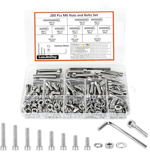 280 PzViti M6, Viti a Testa Cilindrica con Esagono Incassato, Set di Bulloni e Dadi, Viti a Testa Esagonale in Acciaio Inox con Rondelle, Assortimento di Bulloni a Cilindri per Macchine