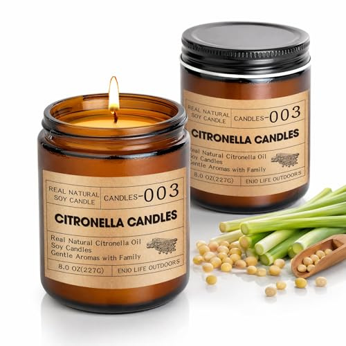 Grandi candele alla citronella per esterni, da campeggio 250 ore, in vetro con cera di soia naturale, olio citronella, lemongrass giardino, barbecue, uso esterno, 2 pezzi