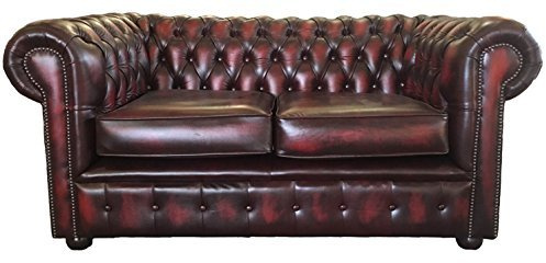Chesterfield 2 Seater Sofa – Genuine Leather Antique Oxblood Red – Handcrafted UK Made Couch – Deep Buttoned Scroll Arms – Mahogany Wood Feet – Classic British Vintage Style