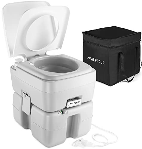 Alpcour Portable Toilet – Compact Indoor & Outdoor Commode w/Travel Bag for Camping, RV, Boat & More – Piston Pump Flush, 5.3 Gallon Waste Tank, Built-In Pour Spout & Washing Sprayer for Easy Cleaning