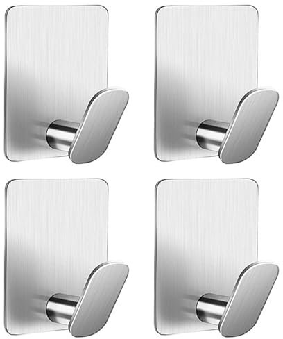 Ganci Adesivi, 4 Pezzi Ganci Portasciugamani Adesivo in Acciaio Inox, Gancio Appendiabiti da Parete e Porta per Appendere, Gancio Adesivo Muro per Cucina, Bagno, Ufficio, Senza Foratura (Argento)