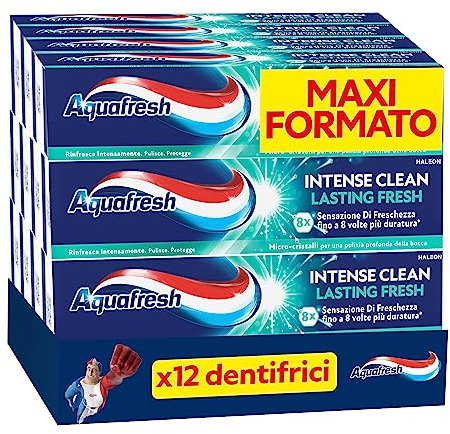 Aquafresh Dentifricio Intense Clean Lasting Fresh, Sensazione di Freschezza 8 volte più duratura, Pulizia Profonda, Pacco da 12 x75ml