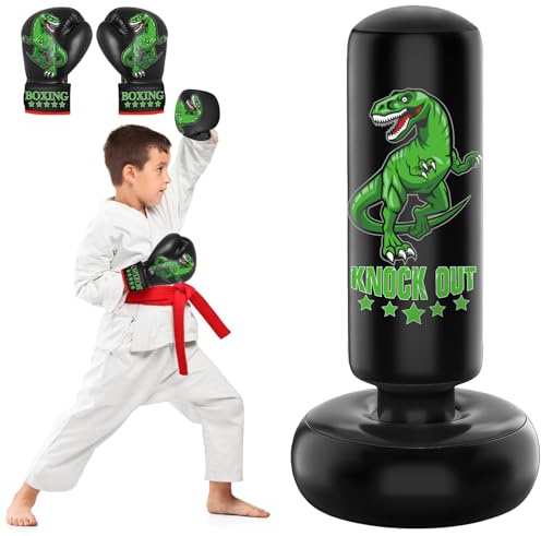 JUOIFIP Larger Stable Dinosaur Punching Bag for Kids, 66 Tall Sports Kids Teens Inflatable Punching Bag with Boxing Gloves, Gifts for Boys & Girls Age 5-12 for Practicing Karate, Taekwondo, MMA
