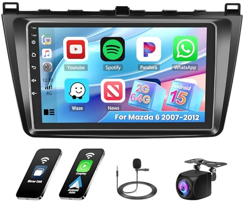 Hikity 2G+64G Android Autoradio per Mazda 6 Rui Wing 2007-2012 con Wireless Carplay Android Auto 9Pollici Car Radio Stereo con GPS Navi WiFi DSP FM RDS Bluetooth Telecamera Posteriore Mirror Link