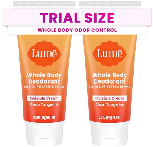 Lume Whole Body Deodorant - Mini Travel Size Invisible Cream Tube - Trial Size - 72 Hour Odor Control - Doctor Developed - Aluminum Free, Baking Soda Free - .5oz (Pack of 2) (Clean Tangerine)