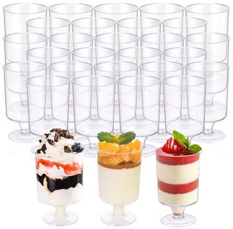 YWKJDDM Mini vasos de postre, 50 tazas de postre de plástico, tazas redondas de postre de 100 ml, taza de aperitivo transparente para aperitivos, cuenco reutilizable para postre, pudín, mousse fiesta