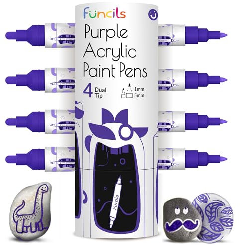 Funcils 4 rotuladores acrílicos Púrpura para piedras, vidrio, madera y lienzo - Marcadores Doble punta con punta de 1mm,5mm. Los bolígrafos acrílicos son ideales para adultos y niños.