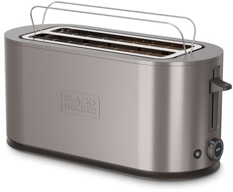 Black+Decker - Tostadora Extra Grande 1500W | 260x42mm Ranuras | 7 Niveles de Tostado | 6 Bandas de Mica Incandescente | Funciones Descongelar, Recalentar y Cancelar | Soporte Abatible para Repostería