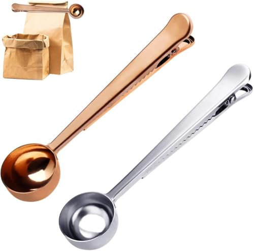 Set di 2 Cucchiaio da Caffè, Cucchiaini Dosatori, Cucchiaio Da Caffè Con Clip per Sacchetto per Conservazione Fresca, entrambi con una capacità di 15 ml.(dorato+argentato)