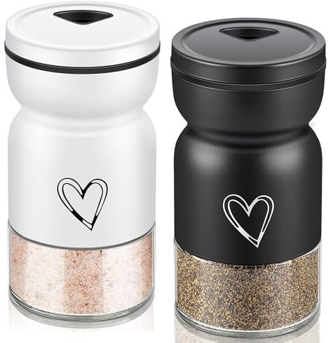 Stainless Steel Salt and Pepper Shakers Set,Cute Salt Shaker Clear Bottom Bottle Container with Adjustable Pour Holes, Refillable Perfect for Kitchen Gadgets Cooking Table, Camp,BBQ (Black+White)