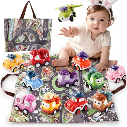 Varrotoy 12 Stück Baby Auto Spielzeug mit Spielmatte, Cartoon Rückziehauto für Babys und Kleinkinder, kleine Auto Set, Kleine Spielzeugautos ab 1 2 3 Jahre, Geschenk für Kinder