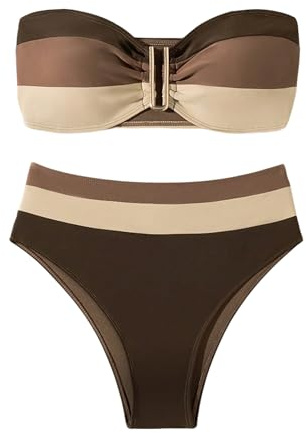 SweatyRocks Women's High Waisted Bikini Sets Color Block Strapless Bathing Suit Bandeau Swimsuits Multicolor Large