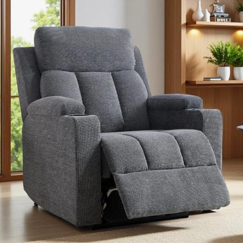 EBELLO Fauteuil de Relaxation avec Fonction inclinable, Fauteuil Relax | à réglage Manuel, Fauteuil TV avec Porte-gobelet, Fauteuil inclinable avec accoudoirs et Repose-Pieds pour Salon, Gris foncé