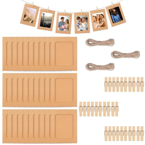 30 Stück Fotogirlande, 15,5 X 11,5 cm papier Bilderrahmen, Fotoleine mit Holzklammern und Hanfseil, DIY Kraftpapier Bilderrahmen, Foto Girlande für Geburtstag Hochzeit Party Jubiläum Deko Foto Banner