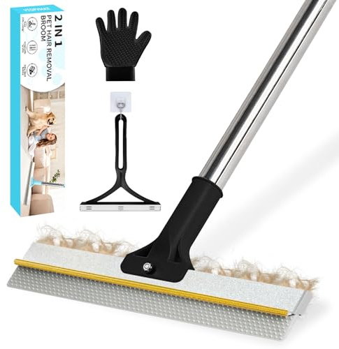 Carpet Rake for Pet Hair Removal - Upgraded 2-in-1 Carpet Broom with Copper Scraper & TPU Brush, 54’’ Adjustable Long Handle Reusable Cat Dog Hair Remover Tool for Deep Cleaning Rugs, Mats (Black)
