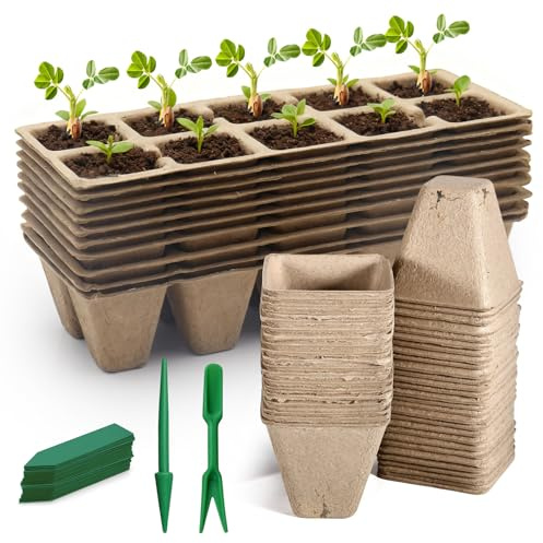 Vyranut Kit de siembra biodegradable – 10 bandejas de semillas sin agujero + 40 macetas con agujeros de drenaje, pulpa de papel compostable ecológica para semillas, verduras y flores