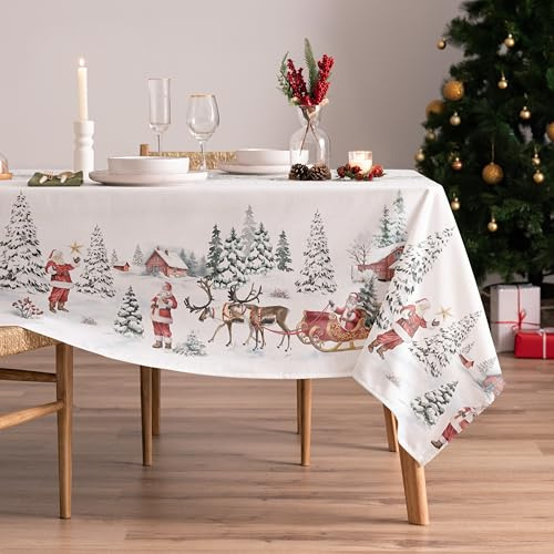 BOHEME | Mantel Navideño Antimanchas Rectangular Klaus | Estampado de Papá Noel y Copos de Nieve | 155x300cm | Tacto Tela | Hecho en España | Fácil de Cuidar
