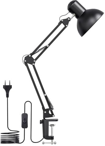 Lepro Lampada Scrivania LED Nero,Lampada da Tavolo con Clip,Flessibile Girevole Braccio Snodato Lampada da Scrivania,Lampada da Comodino con Paralume Retrò e Attacco E27 per Ufficio,Studio,Piante