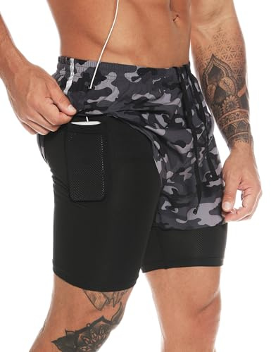 MOVEUP Herren 2 in 1 Shorts Schnelltrocknende Laufshorts mit Taschen Sport Kurze Hosen Fitness Laufhose Jogginghose für Übung