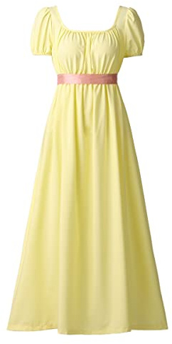 COSDREAMER Vestido de regencia Retro Victoriano de Cintura Alta para Mujer, Vestido de regencia Retro con Volantes y Manga abullonada, Amarillo, 2XL