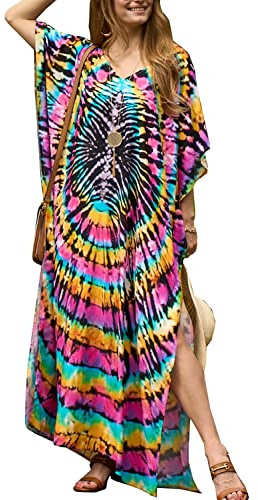 YouKD Lång kaftan för kvinnor, somrig, bohemiskt etniskt mönster, maxiklänning, strand, bikiniskydd, täckande kläder, solskydd, En regnbåge, en storlek