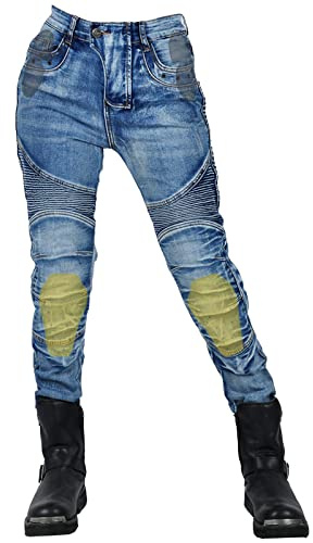 QIYUANT Femme Pantalon de Moto en Jean Anti-déchirure Stretch Casual Vintage Pantalon de Protection avec Amovible Protéger Pads pour Racing Vélo (Bleu, M)