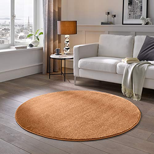 TacaHome Kurzflor Teppich Designer I Flauschiger Flachflor fürs Wohnzimmer, Esszimmer, Schlafzimmer oder Kinderzimmer | 120 cm rund Terra Kupfer