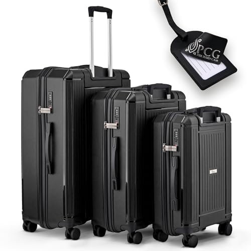 PCG THE HARD CASE Koffer Set [Schwarz 3-teilig] - Premium Hartschalenkoffer-mit TSA Schloss-4 Rollen-Leichter Reisekoffer- robust & stabil -Trolley mit Teleskoparm