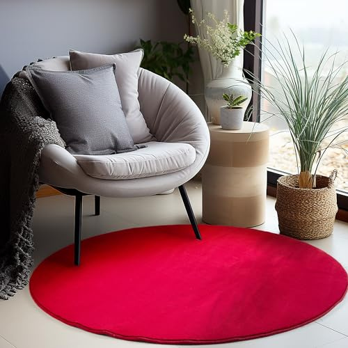 Einfarbiger Teppich Rund Wohnizmmer, Esszimmer, Schlafzimmer, Küchenteppich Waschbar rutschfest Runder Teppich Rot Flauschig Kurzflor Carpet, Größe: 160 cm Rund